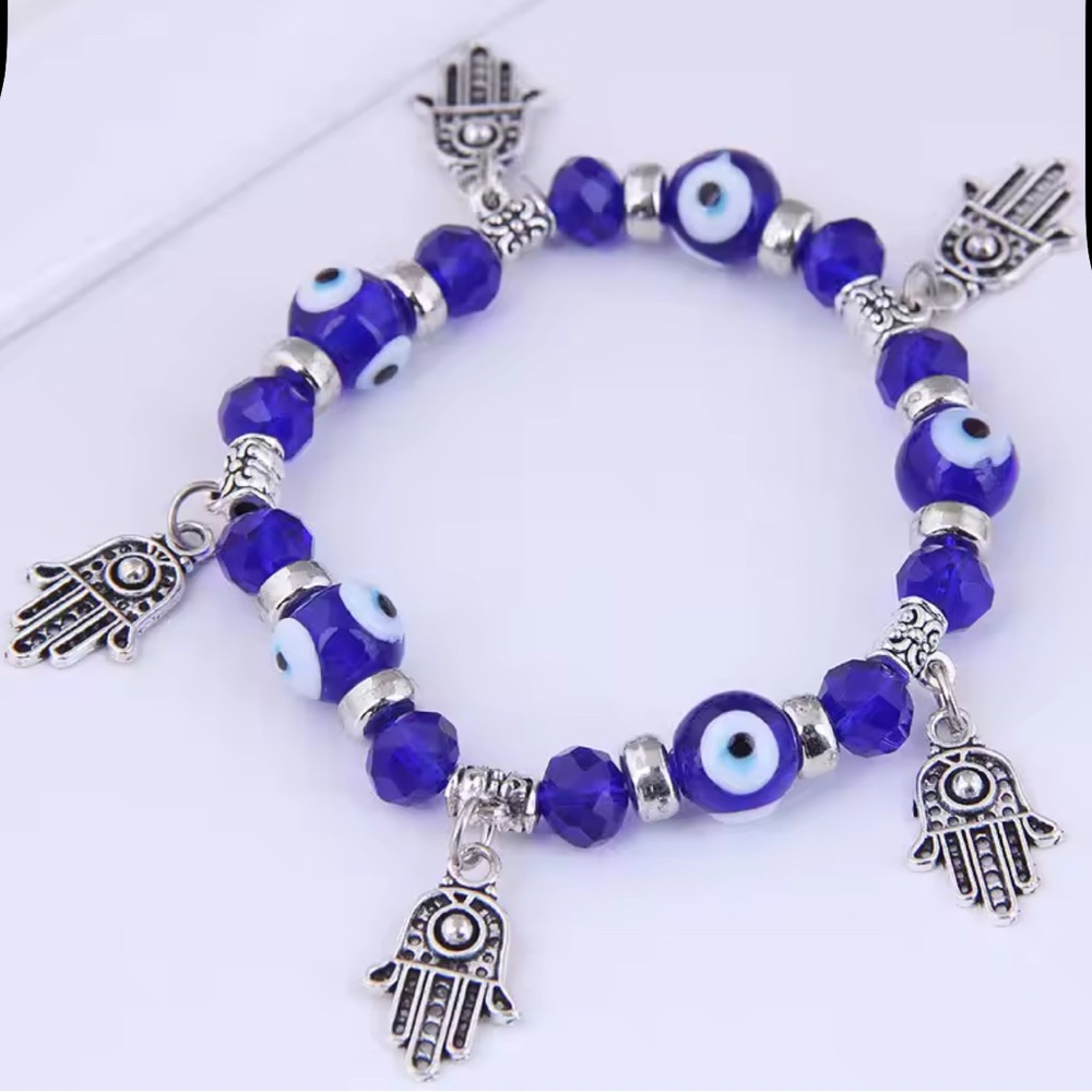 Boho Evil Eye & Hamsa Hand Charm Bracelet – Unisex Elastic Beaded Bangle NWT